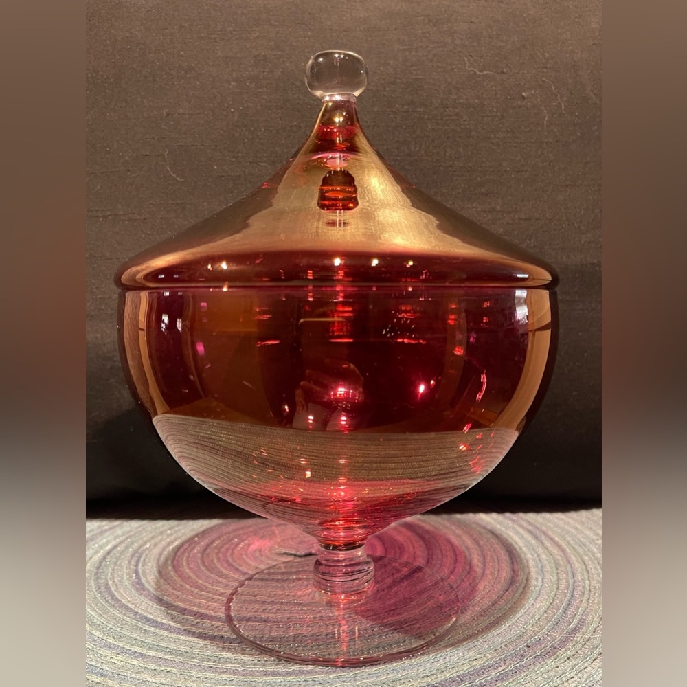 Flashed Cranberry Lidded Pedestal Dish/ Jar